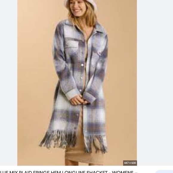 Umgee Plaid Fringe Hem Long Jacket  blue and cream sz Small - Picture 1 of 8